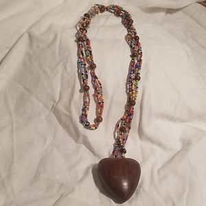 Long Beaded Necklace with Large Wooden Heart